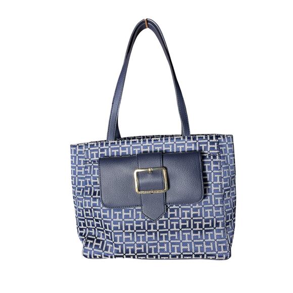 Navy blue and white Tommy Hilfiger satchel purse with built-in wallet - Picture 1 of 7